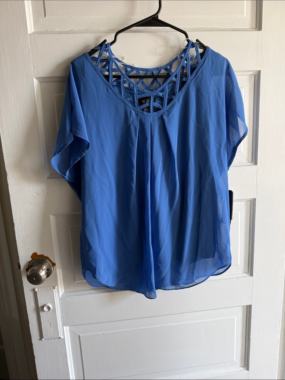AGB Blue Short-Sleeve Blouse with Lattice Neckline